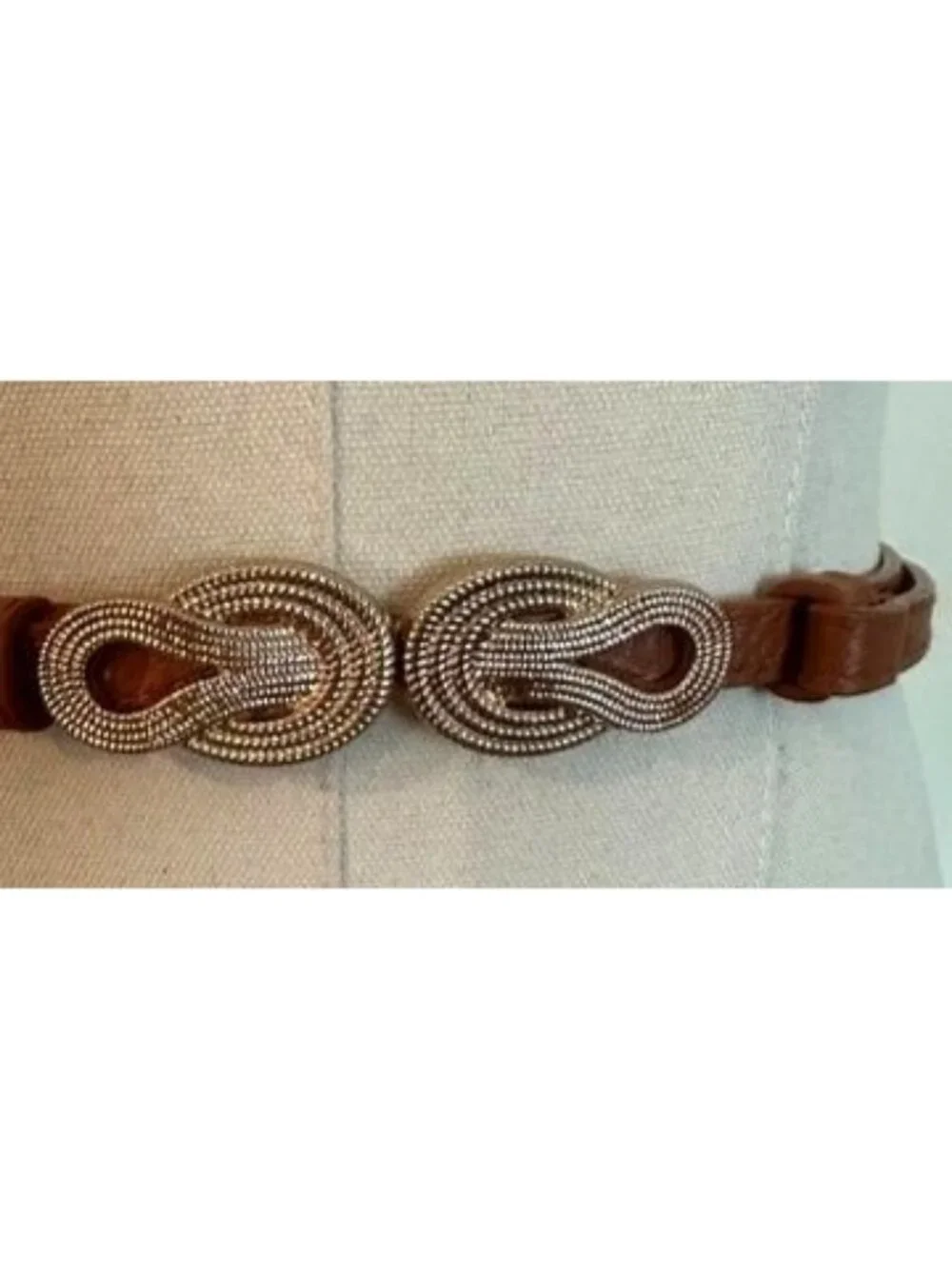Thin Brown Faux Leather Belt Gold-Tone Knot Buckle Womens Adjustable 26-49 In